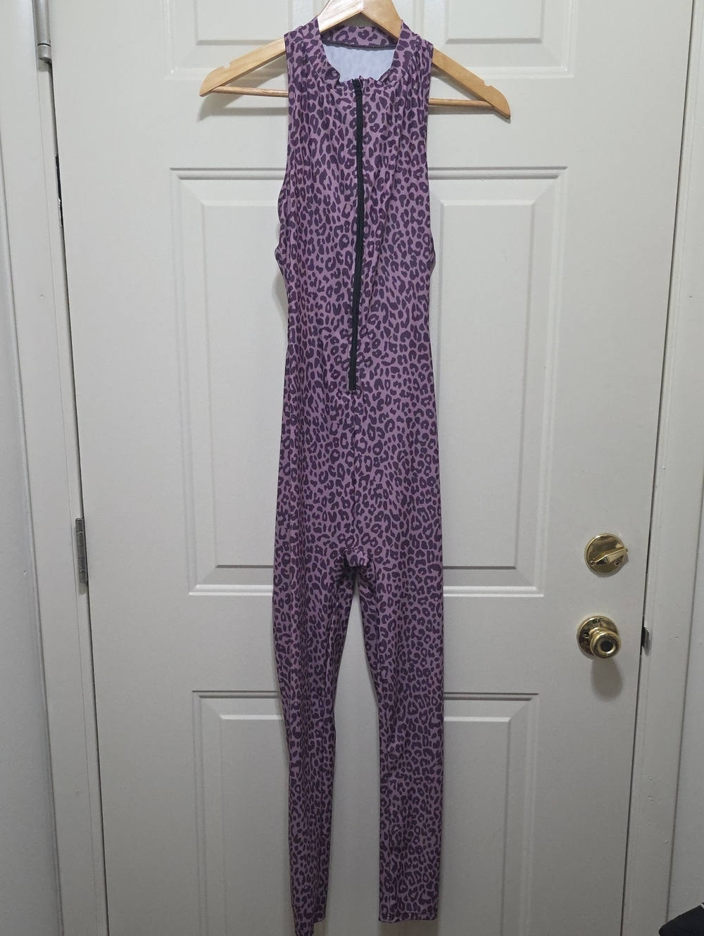 Purple Leopard-Print Jumpsuit with Front Zip